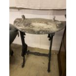 A Victorian cast iron marble top D shape table, width 76cm depth 39cm height 76cm