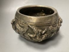 A small Burmese white metal bowl, embossed with deities, repaired, width 15.5c m, gross 10 oz.