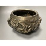 A small Burmese white metal bowl, embossed with deities, repaired, width 15.5c m, gross 10 oz.