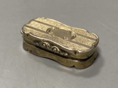 A Victorian silver gilt shaped ovoid vinaigrette, Abraham Kemp, Birmingham, 1853, 33mm.CONDITION: