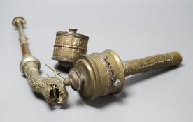 A Himalayan Buddhist brass trumpet and two prayer wheelsCONDITION: Provenance - Alfred Theodore