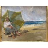 Italian School, oil on canvas board, Woman seated on a beach, indistinctly signed and dated, 19 x