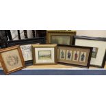 Six assorted paintings and prints including an oil sketch of a cricket match, 15 x 20cm and