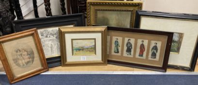 Six assorted paintings and prints including an oil sketch of a cricket match, 15 x 20cm and