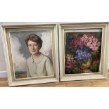 Waldron West, two oils on canvas, Still life of flowers and Portrait of a lady, both signed, 60 x