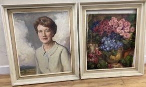 Waldron West, two oils on canvas, Still life of flowers and Portrait of a lady, both signed, 60 x