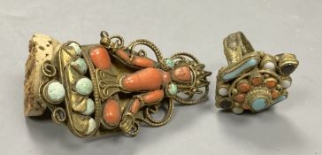 A Tibetan gilt metal,, coral & turquoise mounted brooch and ringCONDITION: Provenance - Alfred