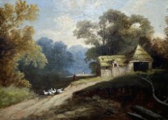 19th century English School, oil on mill board, Ducks on a lane with a thatched barn beyond, 22 x