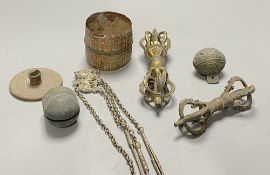 Two Tibetan bronze vajra sceptres and other Buddhist implements, 19th centuryCONDITION: Provenance -