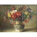 Catherine M. Wood (Exh.1880-1939), oil on canvas board, Still life of flowers in a Poole pottery