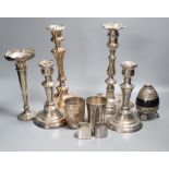 Assorted plated ware including candlesticks, trumpet vase etc.