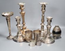 Assorted plated ware including candlesticks, trumpet vase etc.