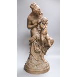 After Bracony. A terracotta figure group of a lady and a blindfolded child, height 55cm