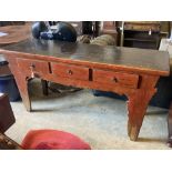 A Chinese painted three drawer altar table, length 172cm, width 52cm, height 84cm