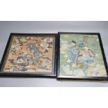 Two Chinese embroidered silk panels of He Xiangu riding a dragon and two Buddhist lions amid