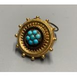 A late Victorian yellow metal and turquoise set circular brooch?? (now with wire for ear clip??),