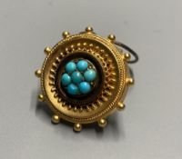 A late Victorian yellow metal and turquoise set circular brooch?? (now with wire for ear clip??),