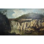 19th century English School, oil on canvas, Stone bridge across a gorge, a castellated county