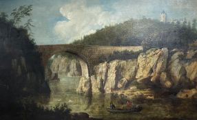 19th century English School, oil on canvas, Stone bridge across a gorge, a castellated county