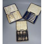 A cased set of six George V mother of pearl handled silver cake knives, William Hutton & Sons,
