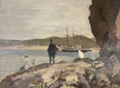 Attributed to Walter Bayes (1869-1956), oil on board, Figures on the shore, a three master beyond,