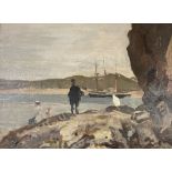 Attributed to Walter Bayes (1869-1956), oil on board, Figures on the shore, a three master beyond,