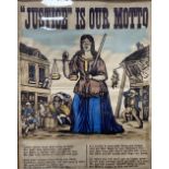 Samuel Reeves Publ., hand coloured poster, 'Justice is our motto', 62 x 50cm, maple framed