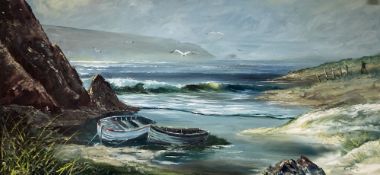 Mawnan Smith, oil on canvas, Coastal scene with fishing boats, signed and dated '82, 60 x 121cm