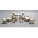 A group of Chinese famille rose tea wares and miniature vases, 19th century, tallest 9.5cm,
