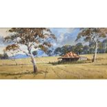 William O'Shea (Australian, 1934-), acrylic on card, 'On The Stubble', signed, 37 x 76cm