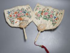 Two Chinese ivory handled painted feather fans, 19th century, length 28cmCONDITION: Provenance -