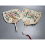 Two Chinese ivory handled painted feather fans, 19th century, length 28cmCONDITION: Provenance -