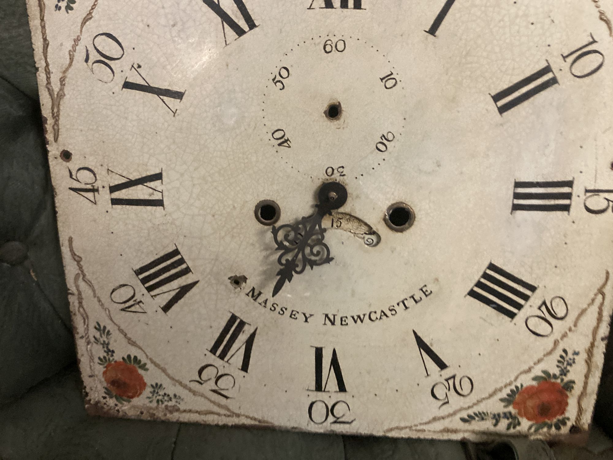 An early 19th century painted longcase clock dial, marked Massey, Newcastle, width 36cm height 50cm - Image 3 of 4