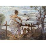 English School c.1900, oil on wooden panel, Woman and cherubs feeding birds, 14.5 x 19.5cmCONDITION: