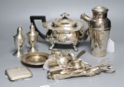 A collection of silver and plated items, the silver items comprising a pair of Sterling weighted