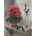 Marcus Stone, oil on canvas, Still life of a poinsettia and blue tits, signed, 55 x 45cm