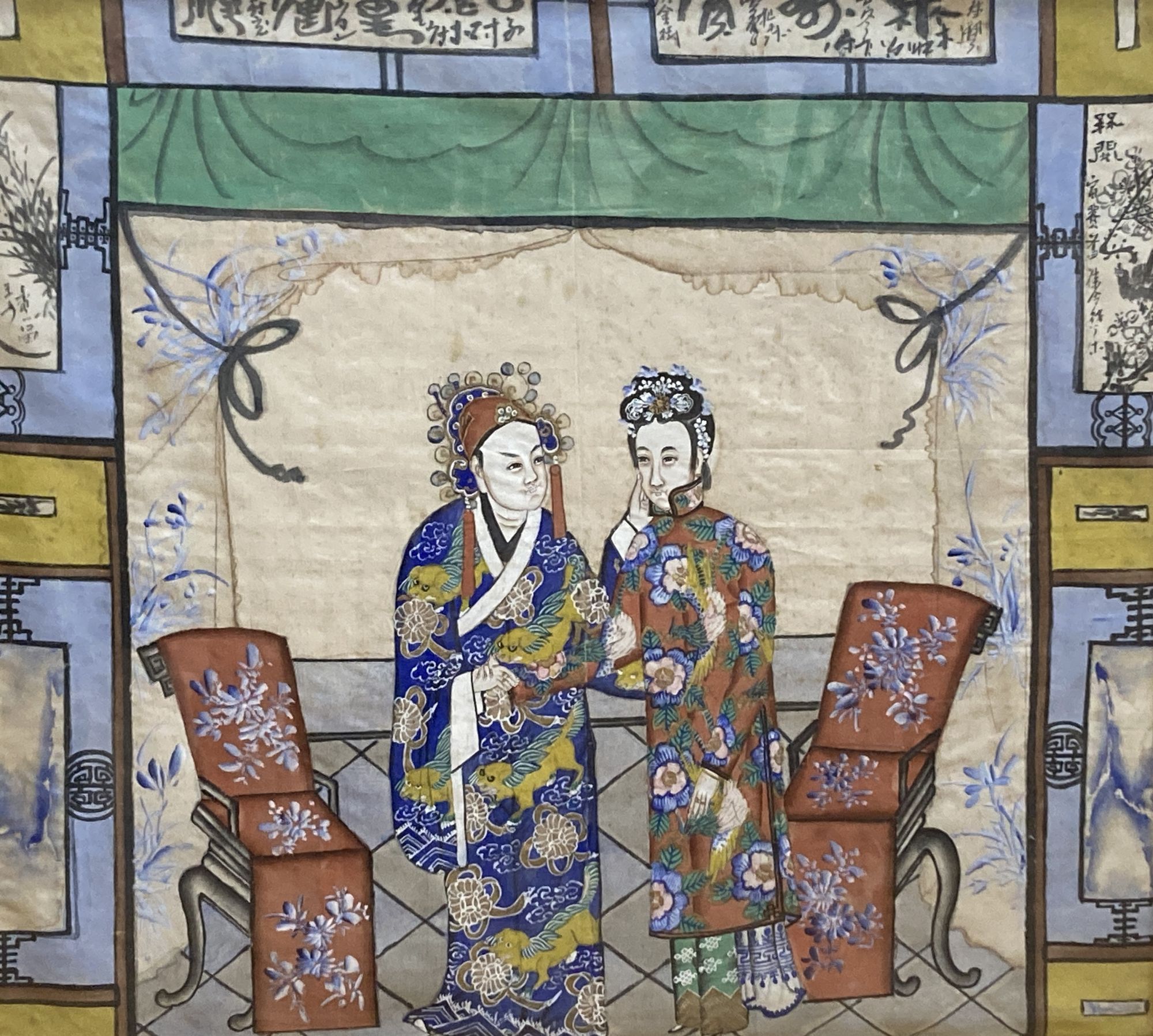 Chinese School c.1900, watercolour and gouache on silk, Interior with two standing figures,