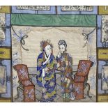 Chinese School c.1900, watercolour and gouache on silk, Interior with two standing figures,
