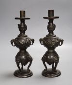 A pair of Japanese bronze candlesticks, Meiji period, height 23cmCONDITION: Provenance - Alfred