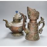 A 19th century Tibetan duomuhu ewer and a teapot, tallest 31cmCONDITION: Provenance - Alfred