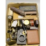 A set of George III brass folding sovereign scales in rosewood case and a collection of microscopy-