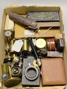 A set of George III brass folding sovereign scales in rosewood case and a collection of microscopy-