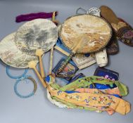 A Chinese ivory handled silk fly whisk, fan cases, fans, beaded shoes etc.CONDITION: Provenance -