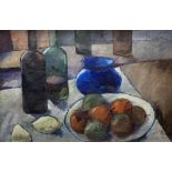 French School c.1928, oil on canvas, Still life of fruit and bottles on a table top, initialled