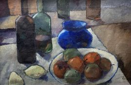 French School c.1928, oil on canvas, Still life of fruit and bottles on a table top, initialled