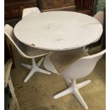 A circular tulip style table and four chairs, table diameter 121cm