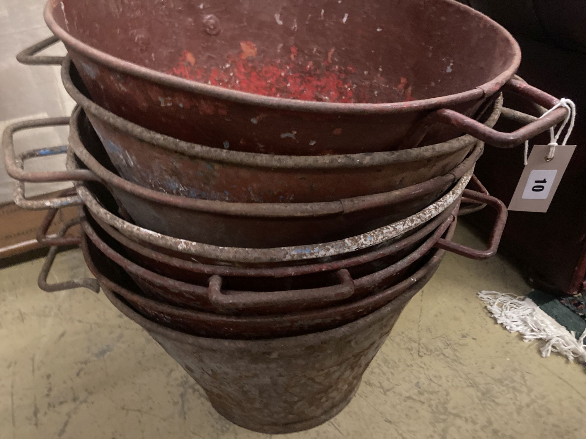 Eight early painted metal florist buckets, diameter 48cm height 36cm - Image 3 of 3