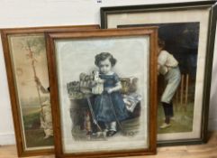 Victorian School, three chromolithograph, All Mine; Bo Peep and Boy Cricketer, largest 83 x 59cm