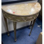 A marble and gilt composition demi lune table, width 70cm, depth 32cm, height 82cm