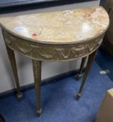 A marble and gilt composition demi lune table, width 70cm, depth 32cm, height 82cm